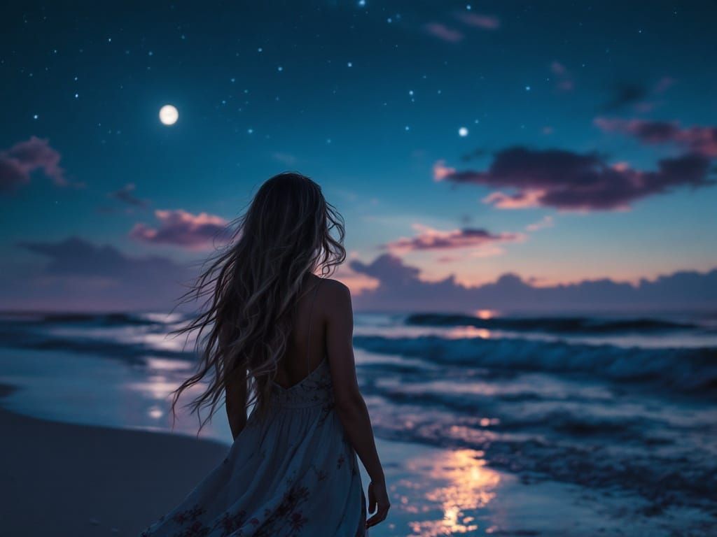 Ethereal Woman Walking Under Starry Night Sky on Moonlit Bea...
