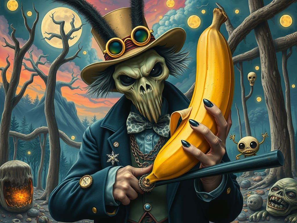 Wild Bill Hickup Wields Banana in Surreal Landscape
