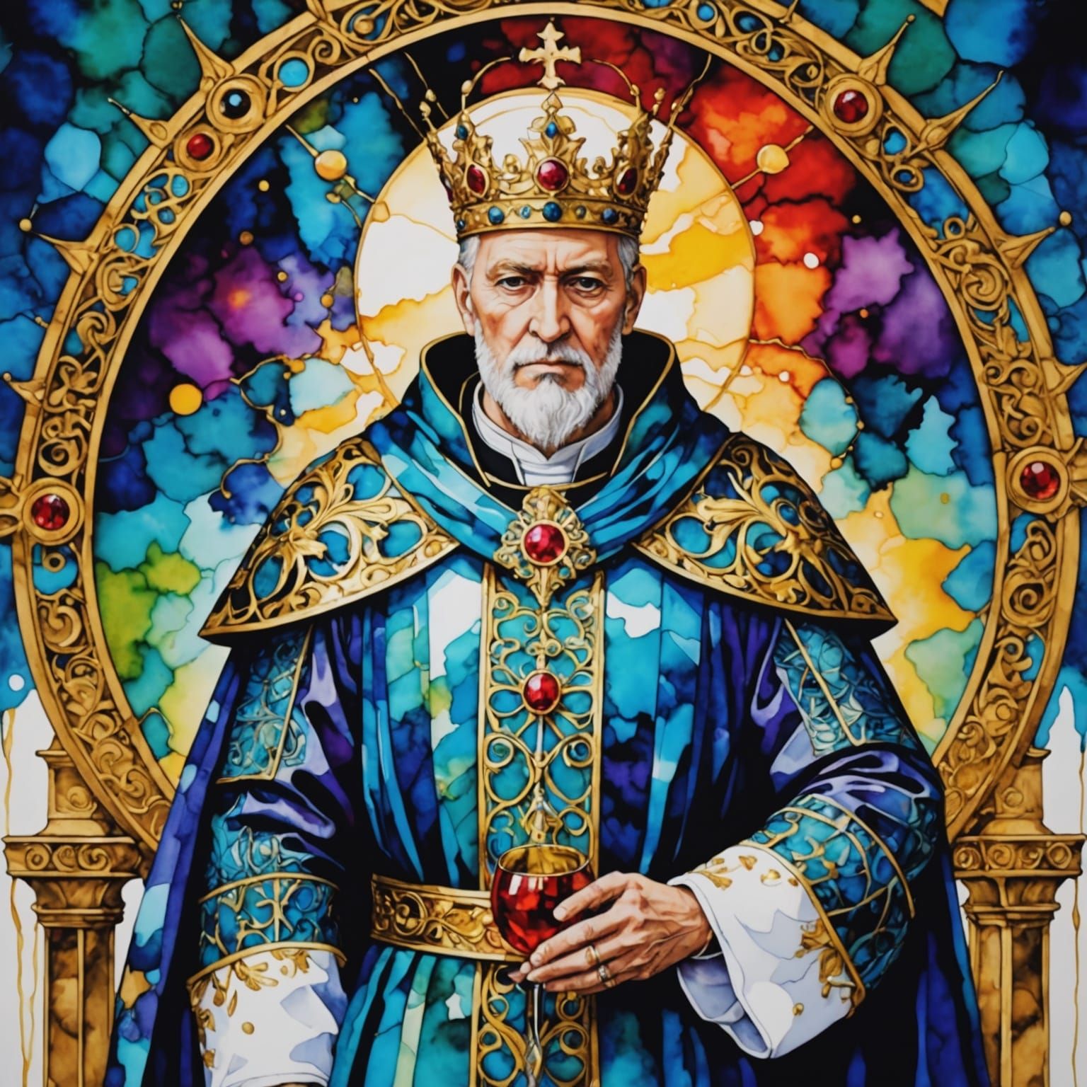 Anime Bishop Crowns King in Alcohol Ink Style