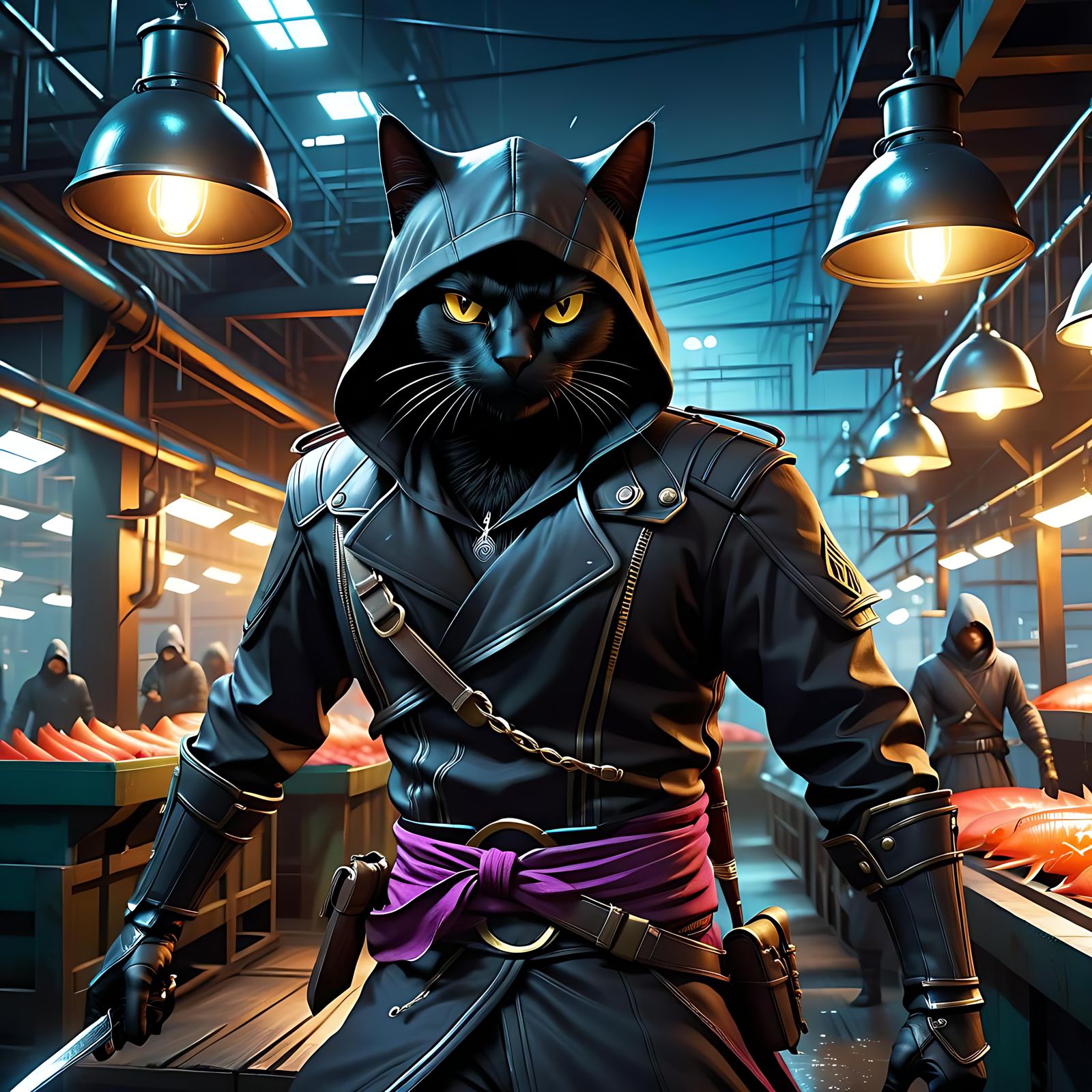 Assassin Cat on Stealth Mission: Hyperrealistic Splash Art