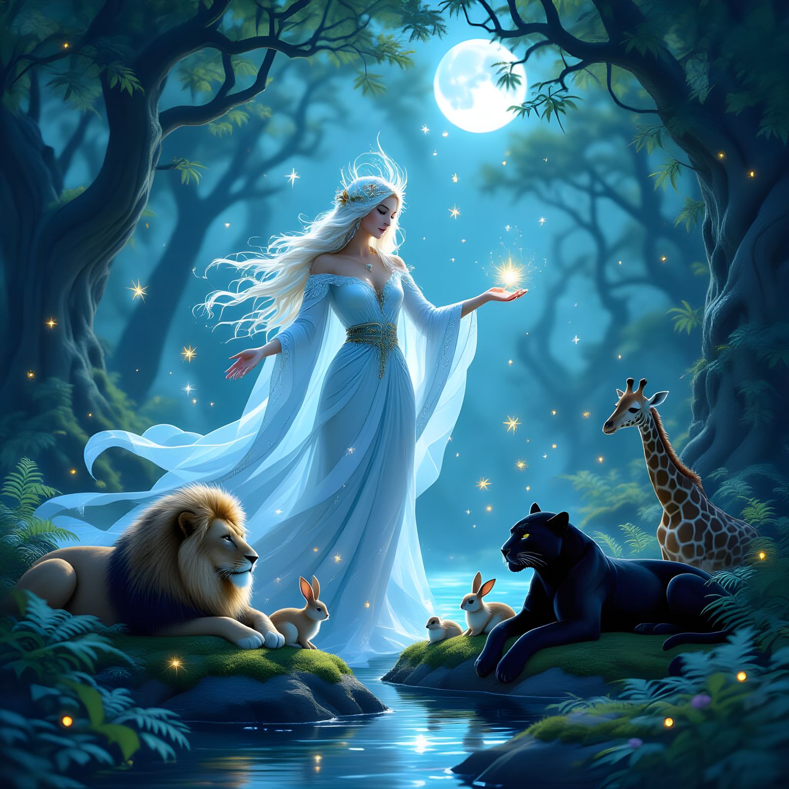 Celestial Mother Nature in Moonlit Forest Clearing