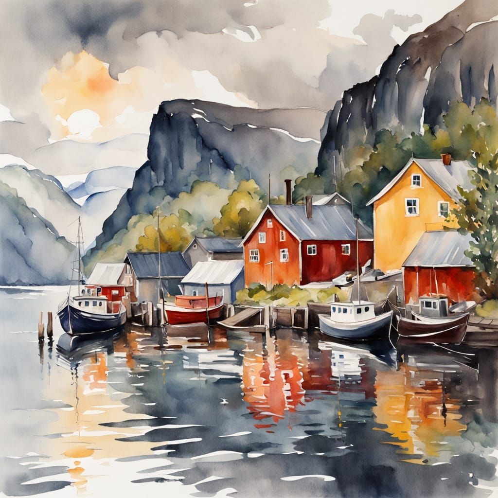 Scandinavian Village in Fiord: Watercolor Painting