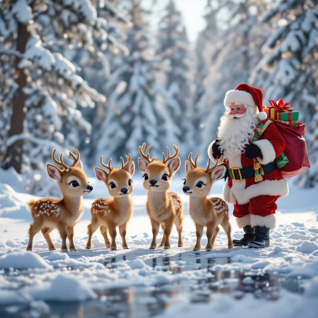 Santa Claus Meets Baby Deer on Frozen Lake