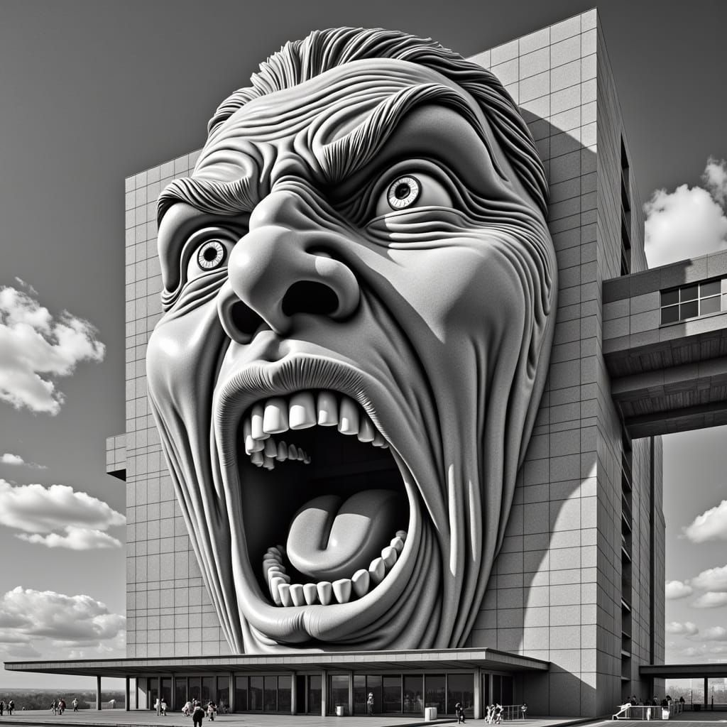 Oversized Human Face Sculpture in a Dramatic Architectural S...