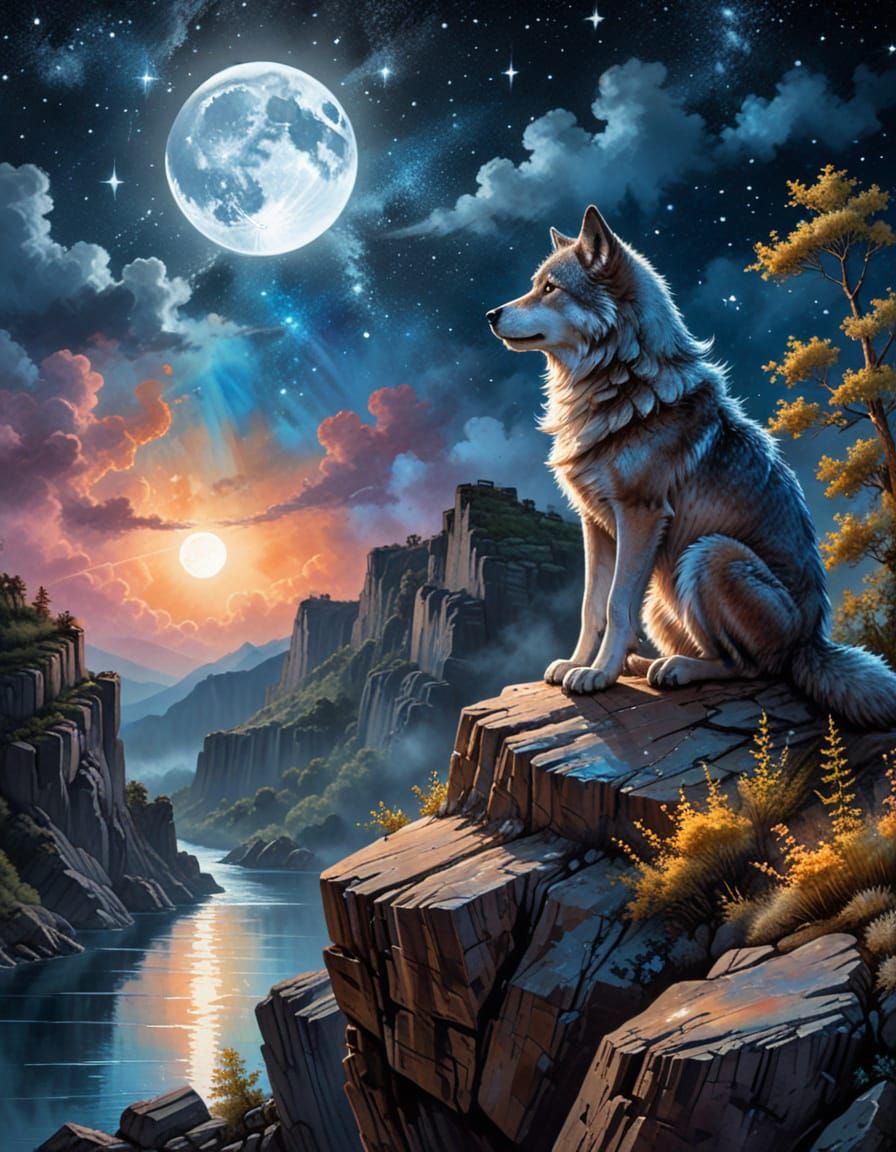Lonely wolf sitting on a cliff, gazing into a full moon. As stars shining against the midnight sky, a bridge between hum...