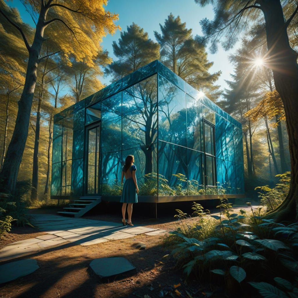 Surrealistic Glass House in Vibrant Forest