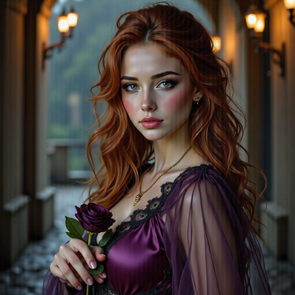 Photorealistic Woman in Candlelit Hallway with Rose