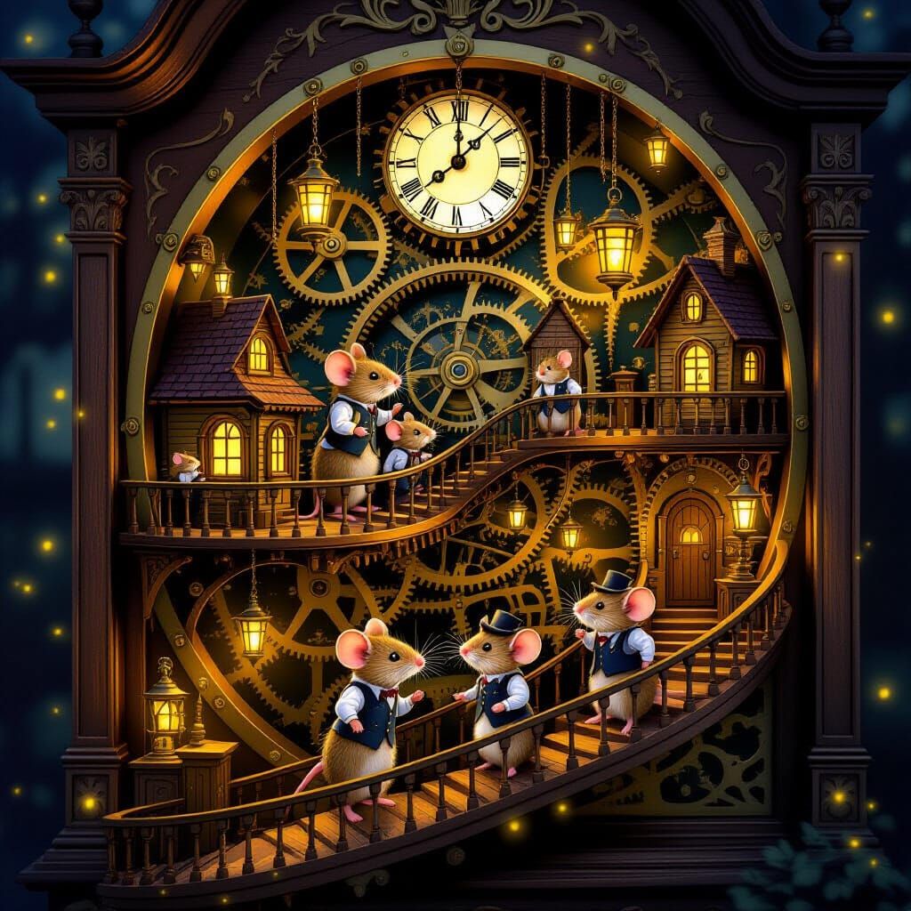 Charming Mouse Village Hidden in Grandfather Clock