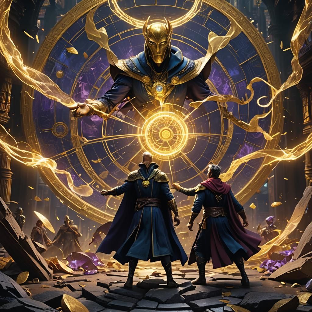 epic battle between Doctor Fate and Doctor Strange filled with otherworldly magical energies and artefacts