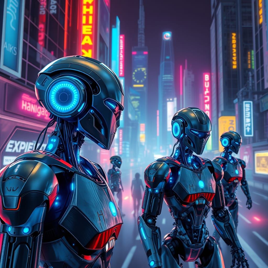 Cyberpunk Robots in a Futuristic Metropolis