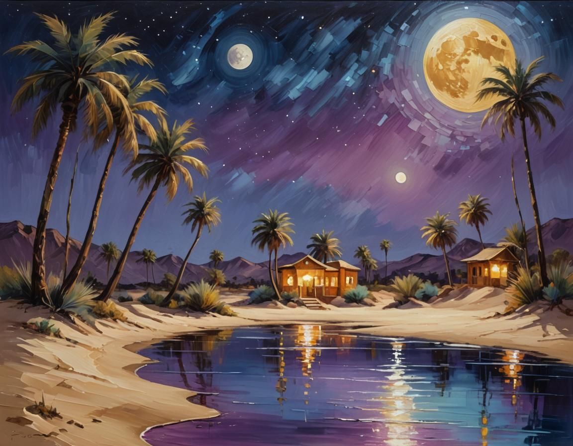 Desert Oasis at Night in Neo-Impressionist Style
