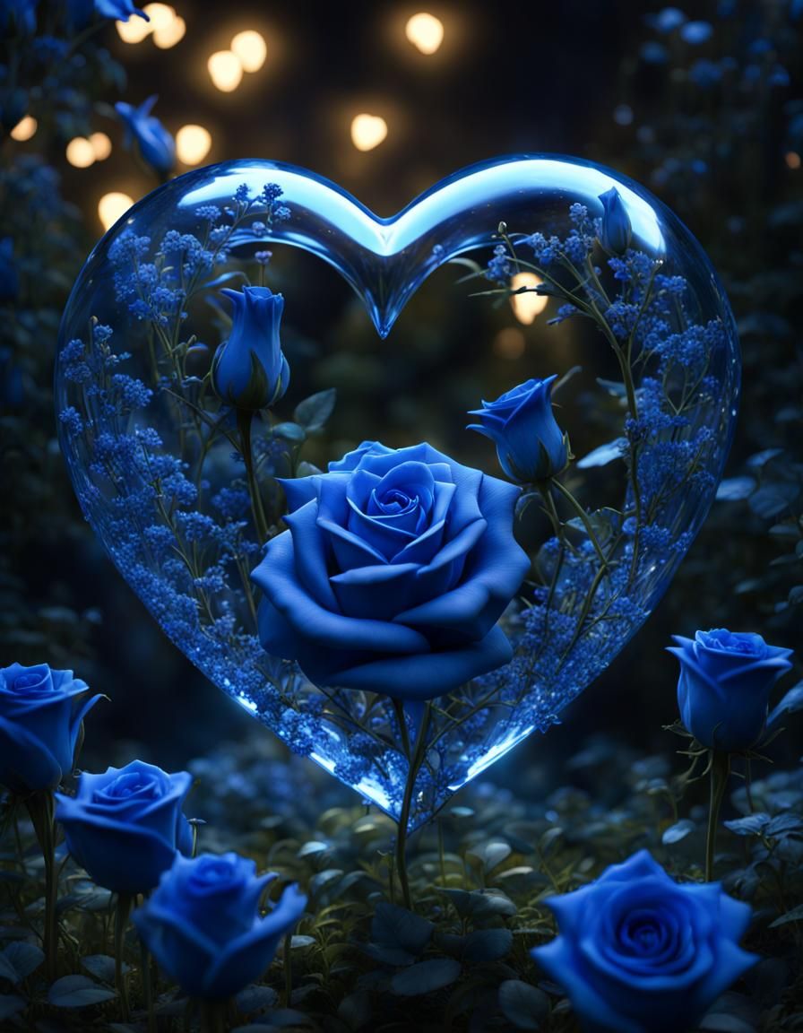 Crystalline Heart with Blue Roses in Night Garden
