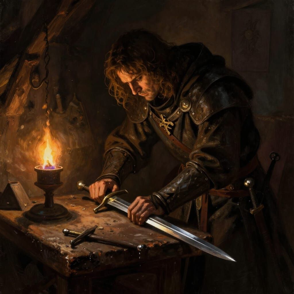 Knight Sharpening Sword in Dark Fantasy Art Style
