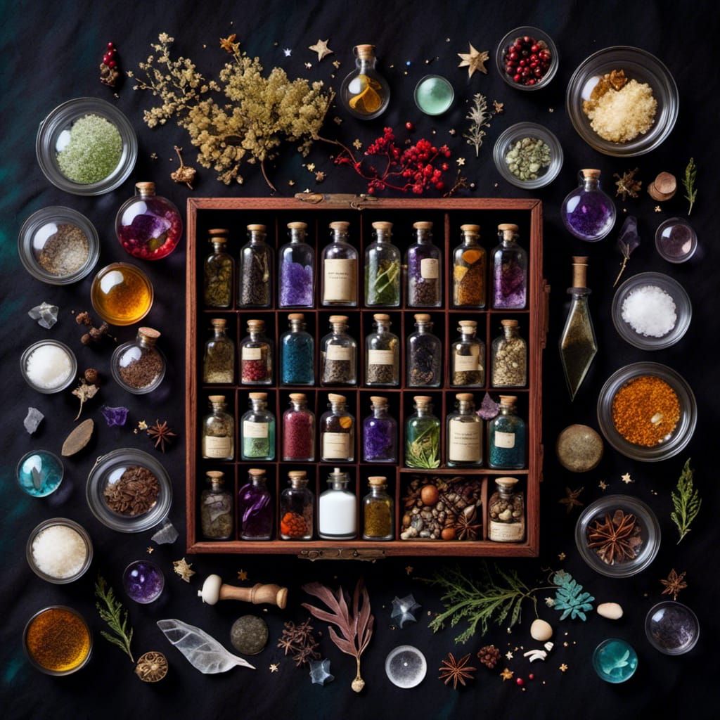 Magical Toolkit Knolling with Potions and Crystals