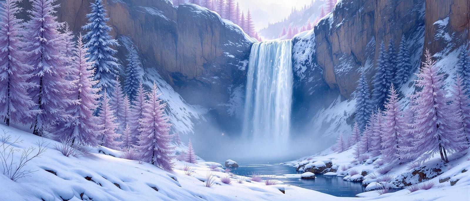 Winter Wonderland Waterfall in Soft Impressionist Style