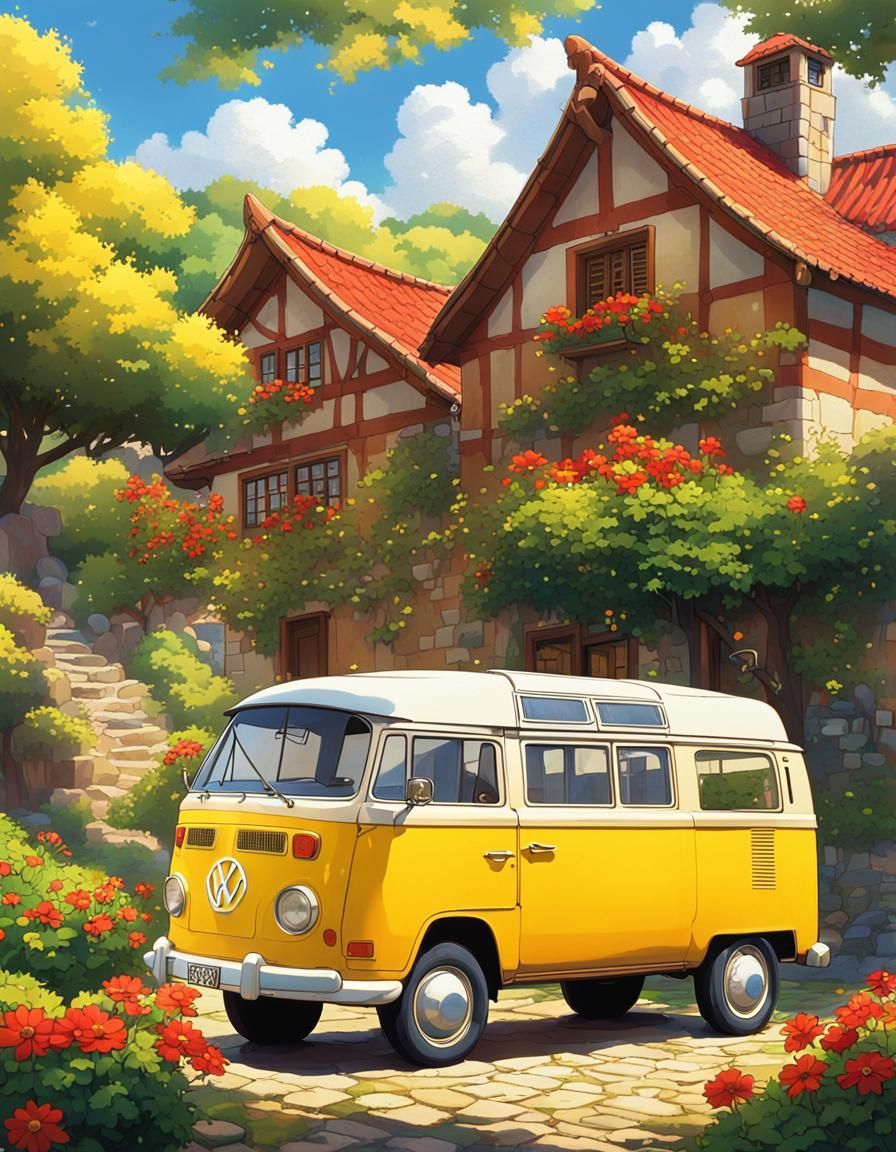 Serene Rural Scene with Yellow VW Van in Anime Style