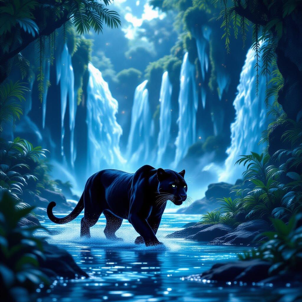 Starlit Panther in Alien Jungle with Crystalline Waterfalls