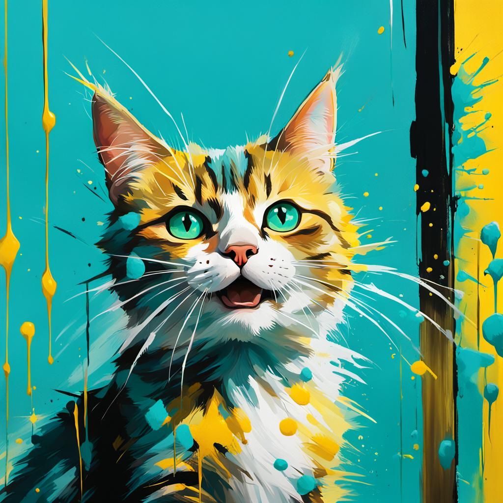 Cat Mid-Air: Dynamic Action Painting in Airbrush Style