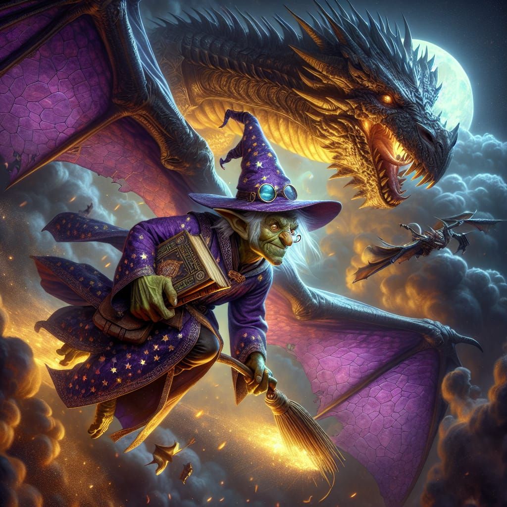 Goblin Mage's Flight from Dragon: Dark Fantasy Art