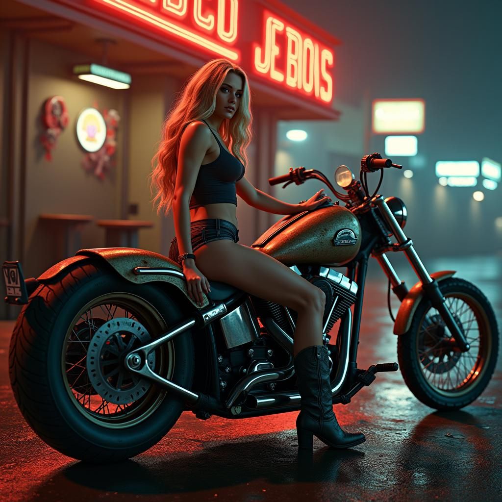 Blonde Woman on Motorcycle at Biker Bar