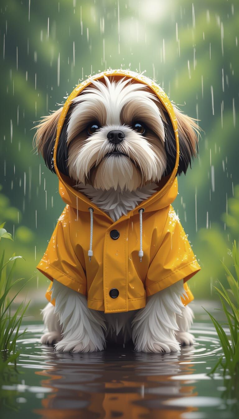 Ultrarealistic Shih-Tzu in Rain, Nature Background