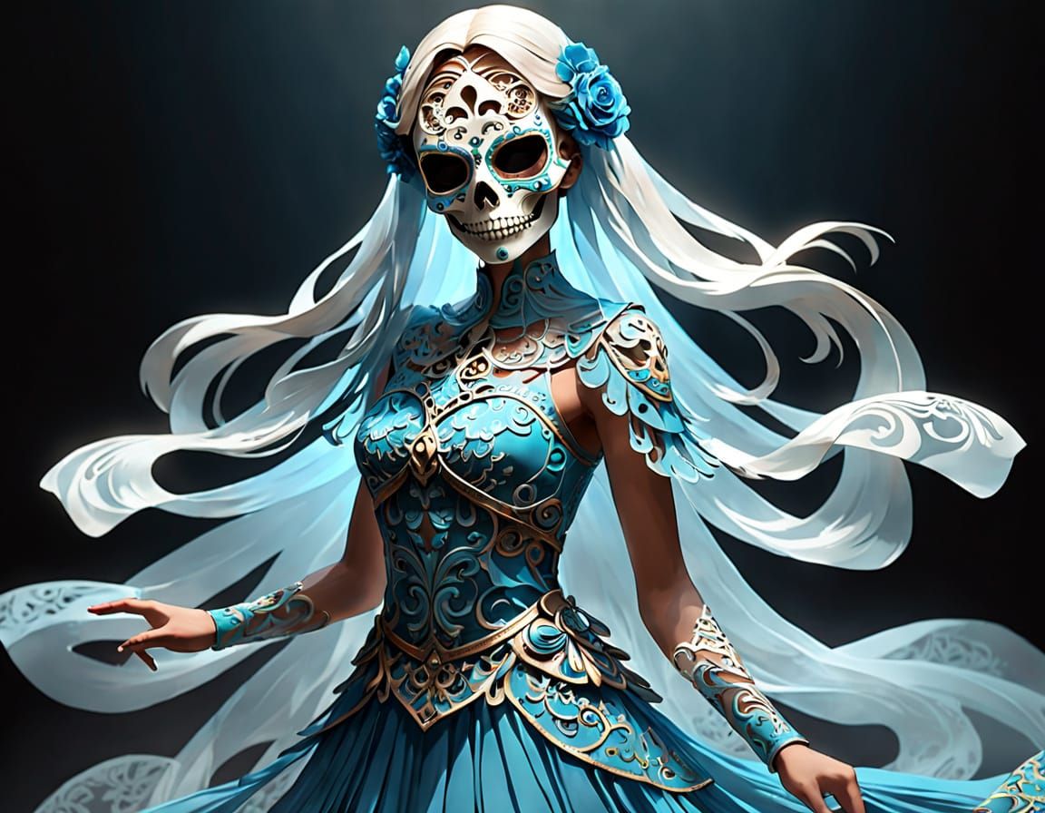 Woman in Ornate Skull Mask and Flowing Sheer Dress
