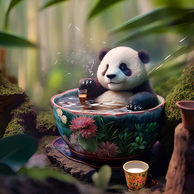 Baby Panda relaxing in his teacup hot tub.