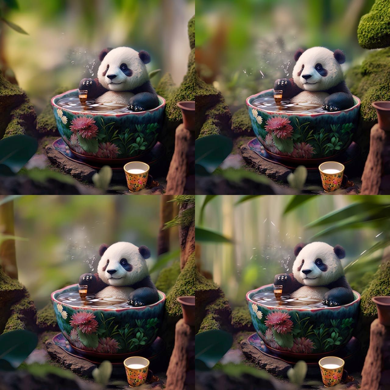 Baby Panda relaxing in his teacup hot tub.