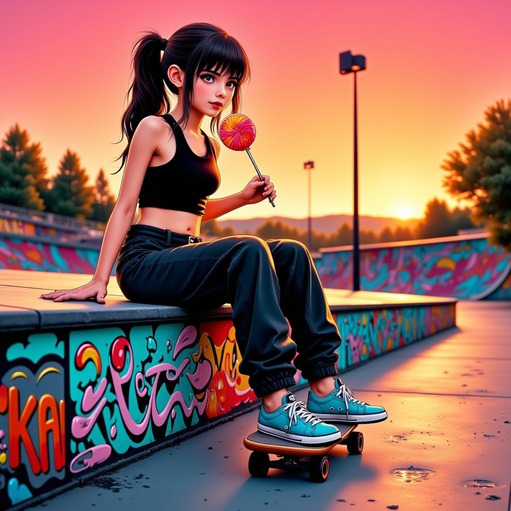Girl at Skate Park in Hyperreal Style