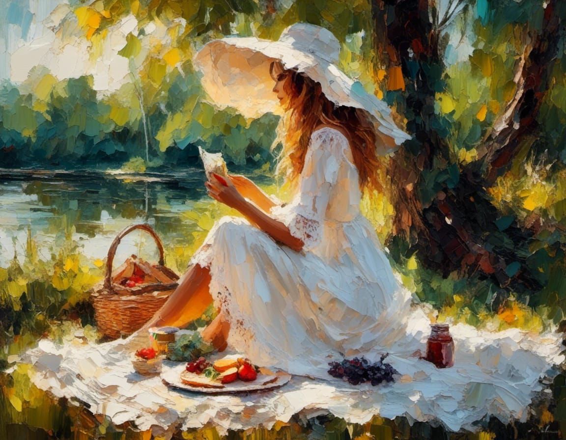 Elegant Lady's Lakeside Picnic: An Oil Painting