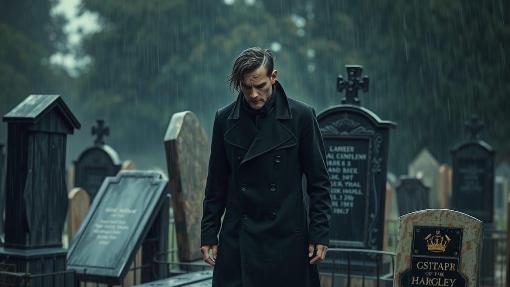 Grief in Rain: Moody, High-Contrast Grave Scene