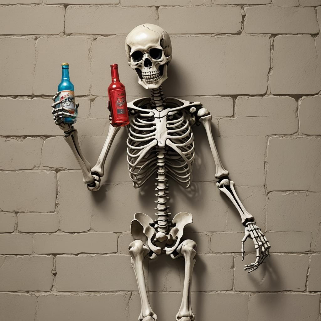 Cartoon Skeleton 'Skeltron' with Alcohol, Detailed Painting