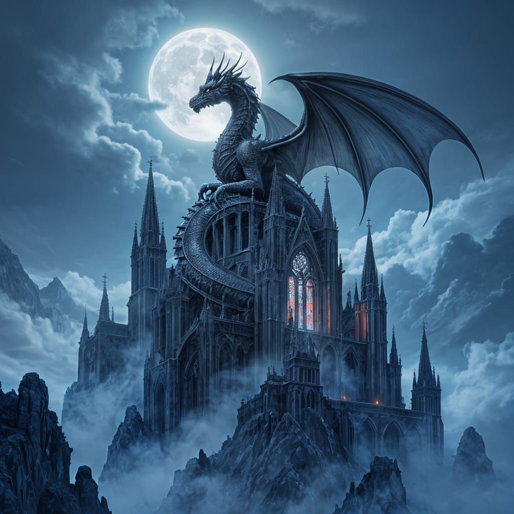 Dragon Coiled on Gothic Cathedral, Dark Fantasy Art
