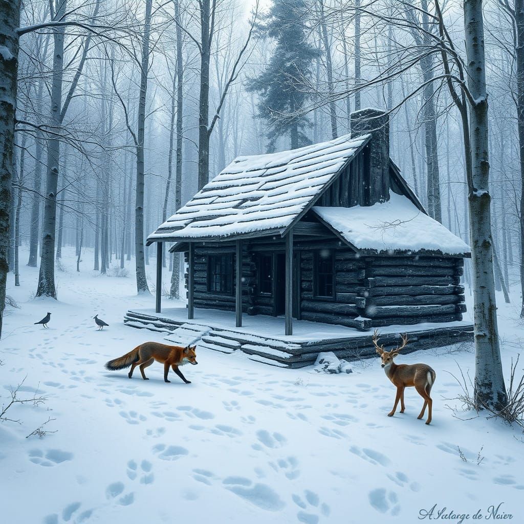 Snow-Shrouded Cabin in Winter Wilderness