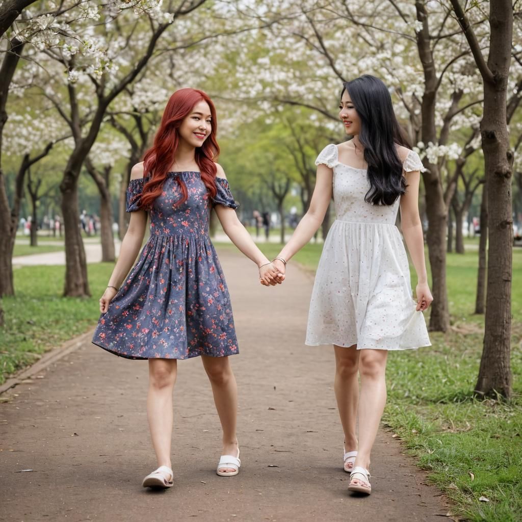 Two Friends Walking in Park on a Sunny Day
