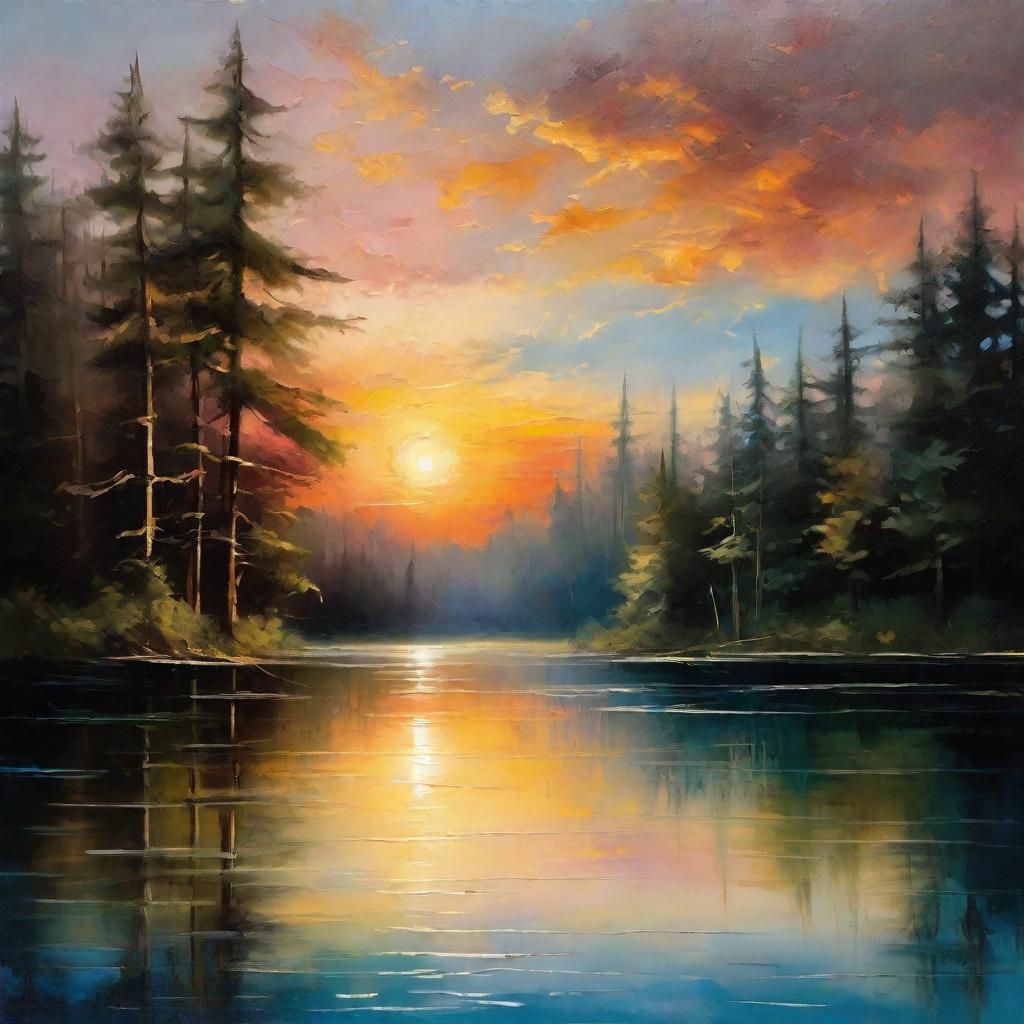 Twilight Evergreens Reflect in Dreamy Oil Painting