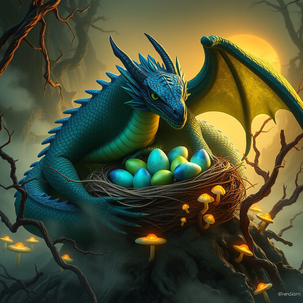 Majestic Dragons Guarding Nest in Mystical Landscape