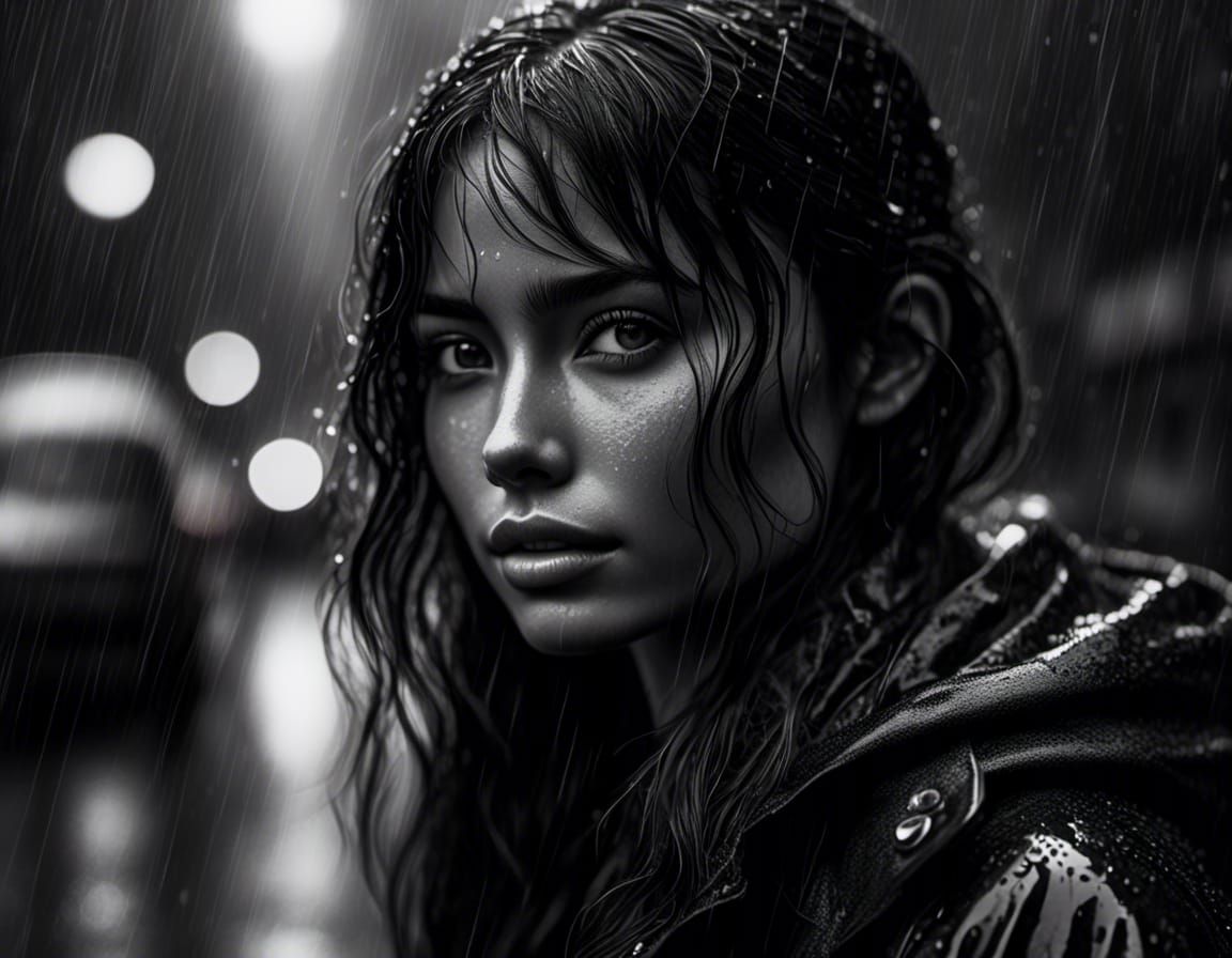 Black and White Portrait of a Woman in Rain