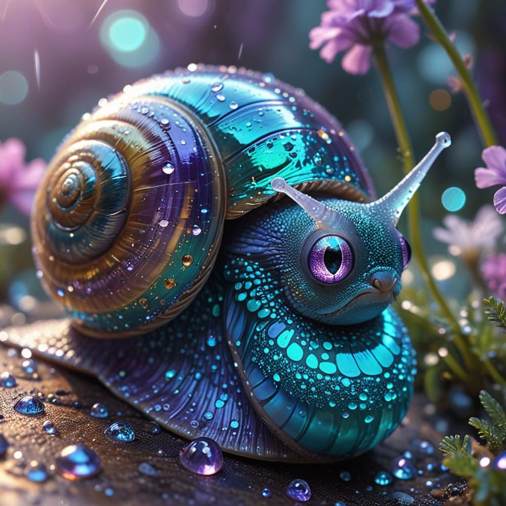 Whimsical Snail with Iridescent Shell in Digital Art