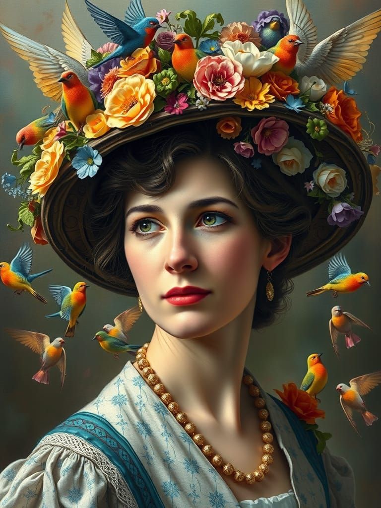 Woman in Birdhouse Hat, Impressionist Portrait