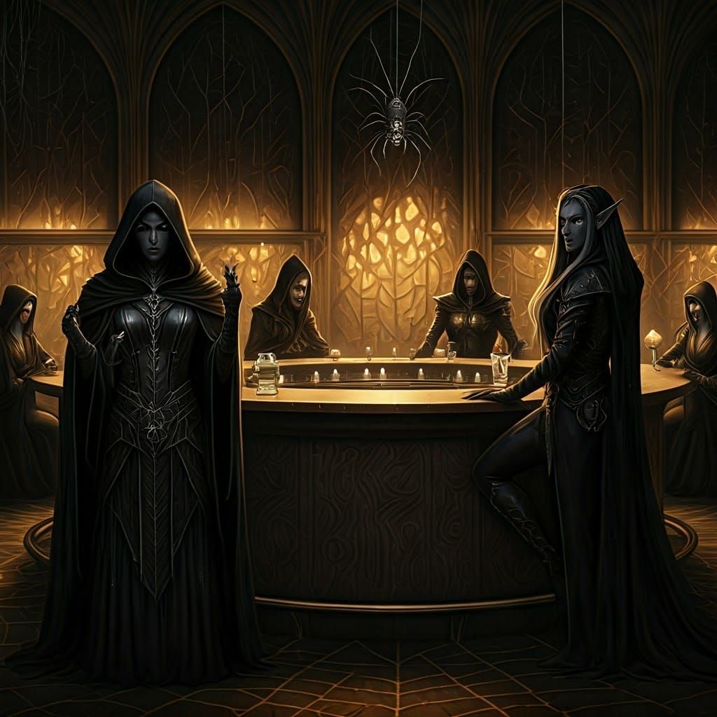 Elegant Dark Elves in Mystical Tavern, Noir Style