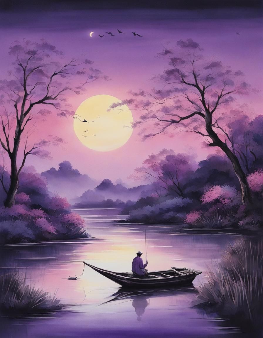 Colorful Ink Painting: Tranquil Moonlit Landscape