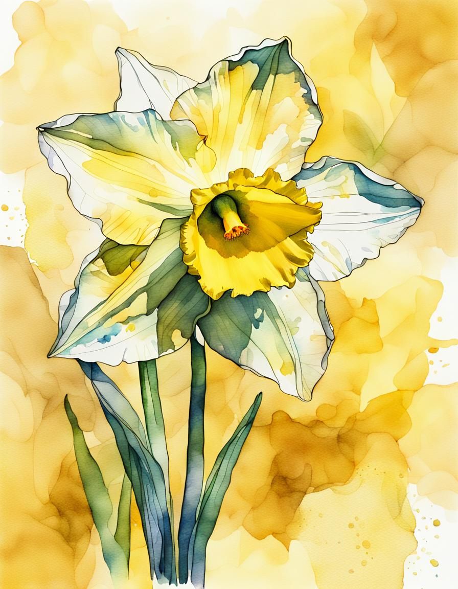 Vibrant Yellow Daffodil in Whimsical Watercolor Style