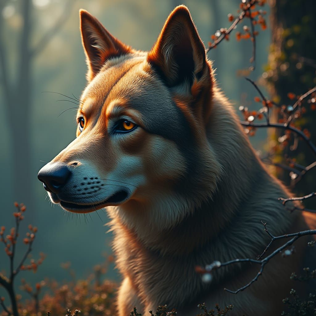 Majestic Dog Portrait in Surreal Fantasy Setting