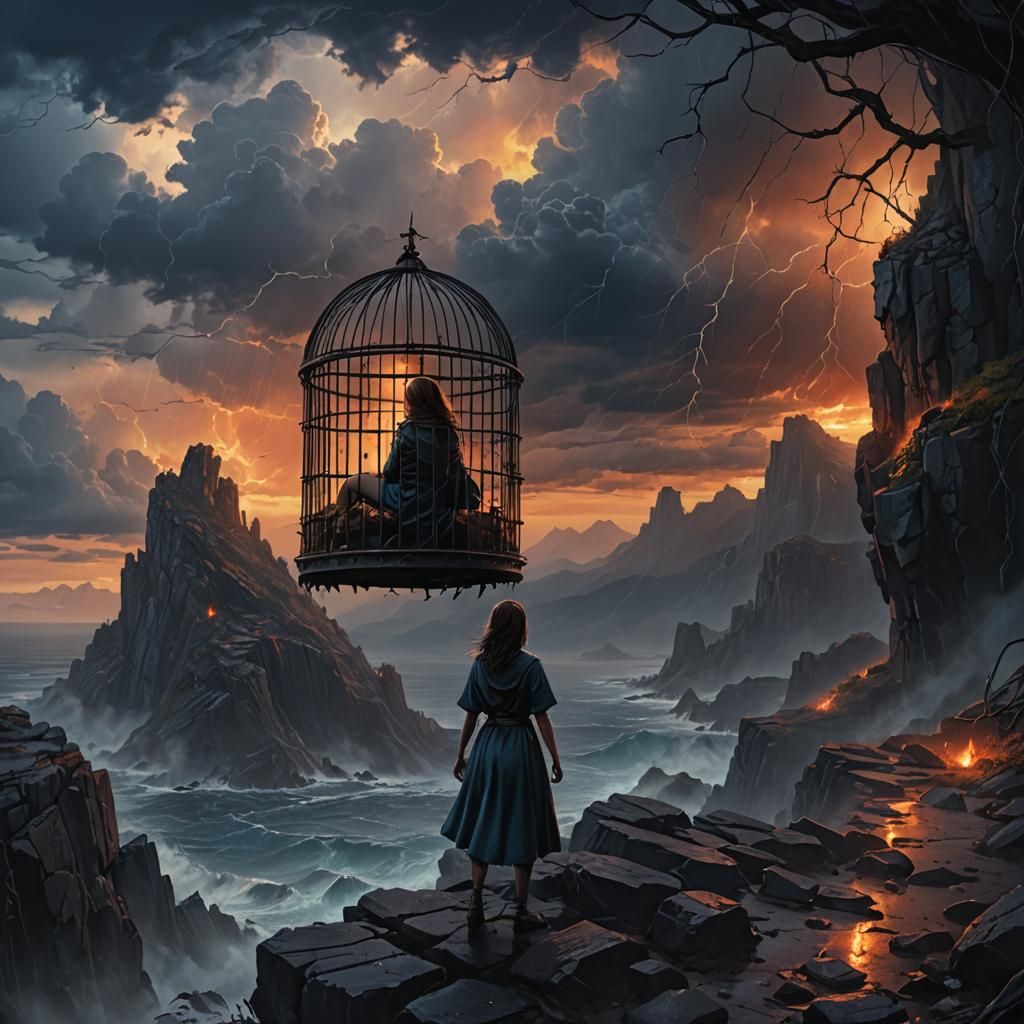 Girl in Cage on Treacherous Cliff at Twilight
