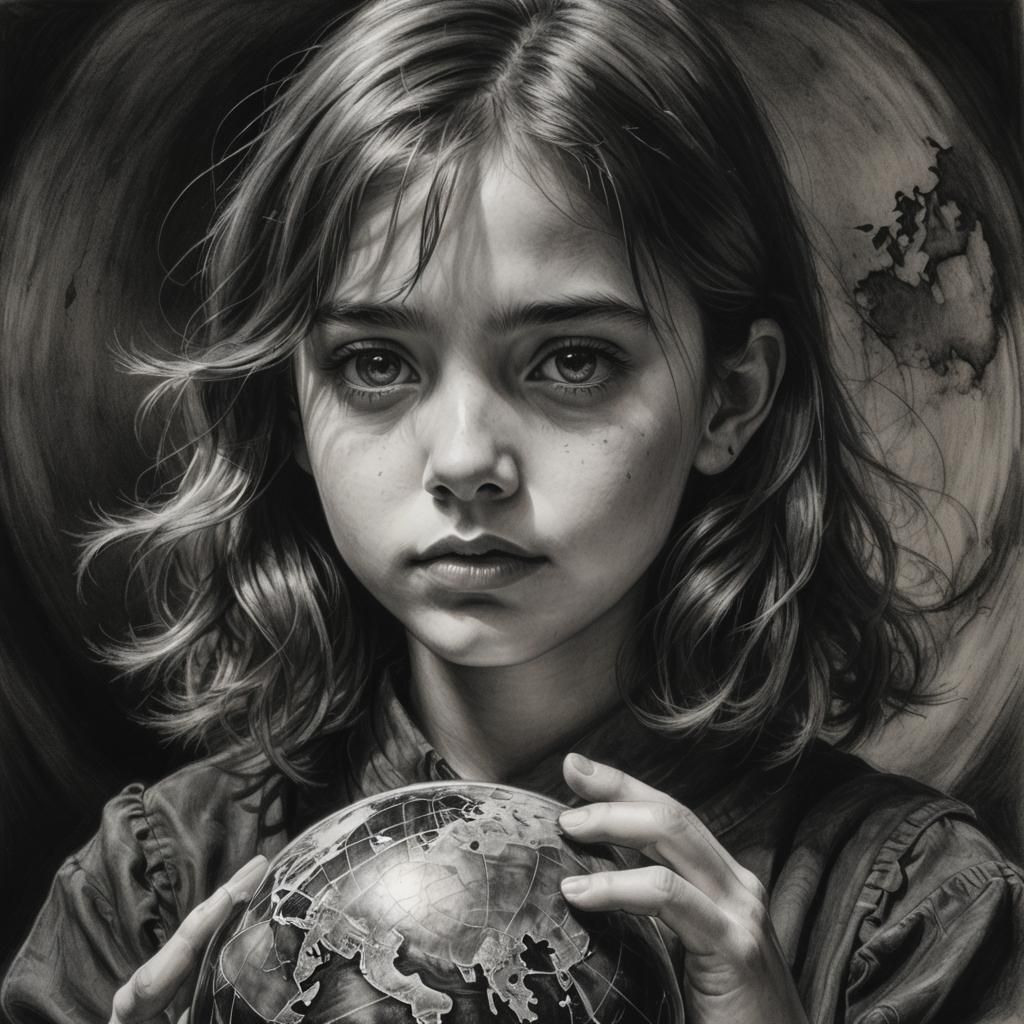 Dramatic Charcoal Portrait: Girl and Globe of Chaos
