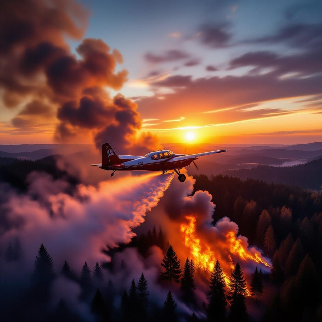 Firefighting Plane Dumps Water on Forest Fire at Sunset