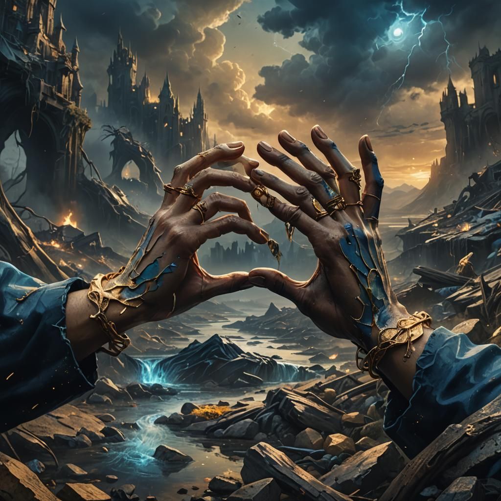 Desperate Hands Clasp in Apocalyptic Fantasy Landscape