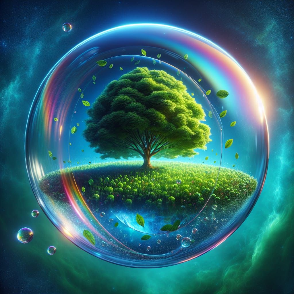 Verdant Planet in Crystal Dome with Rainbow Reflection