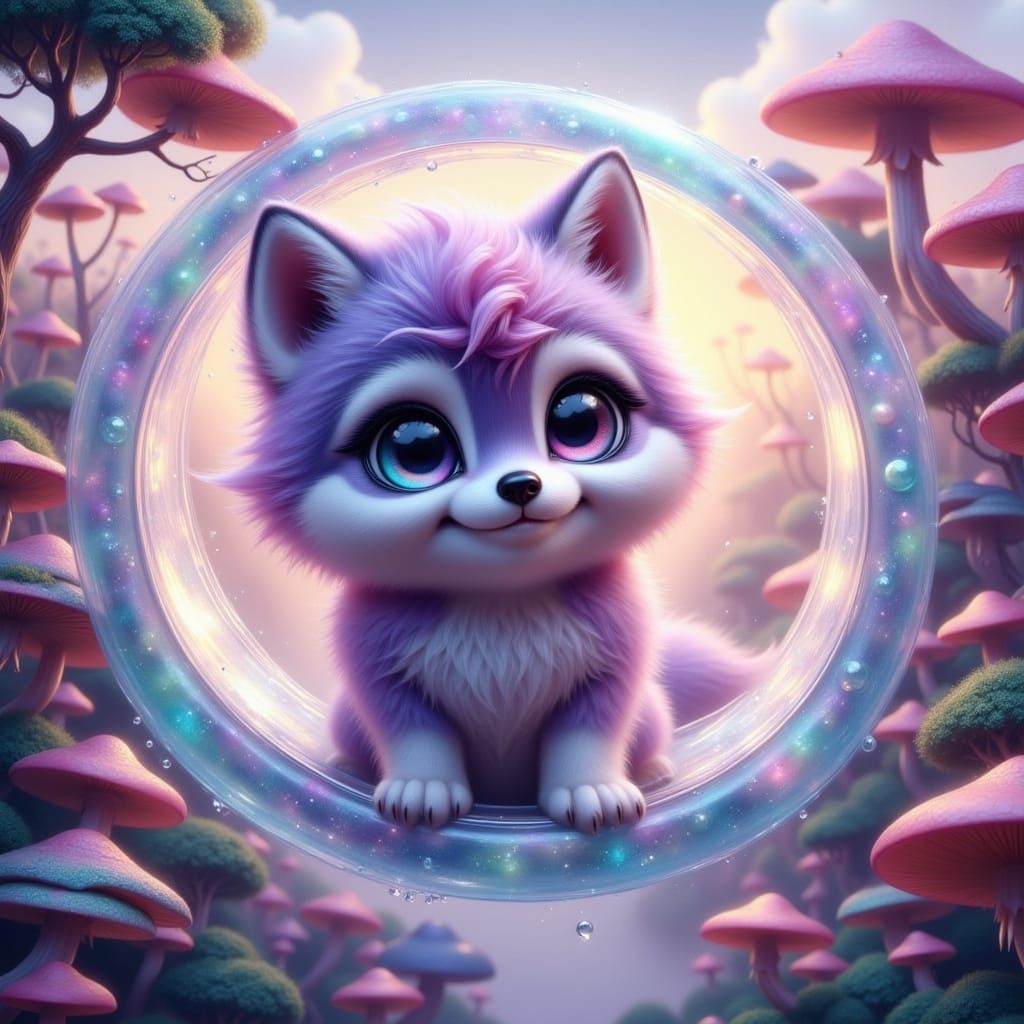 Whimsical Wolf Pup Slides Down a Winding Water Slide in a Dr...